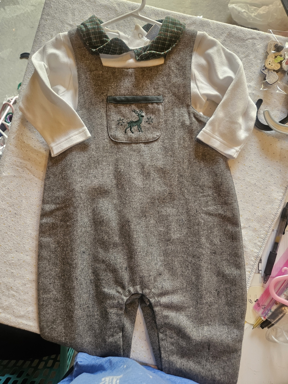 Baby Boys Grey Plaid Collar Romper with Deer Embroidery